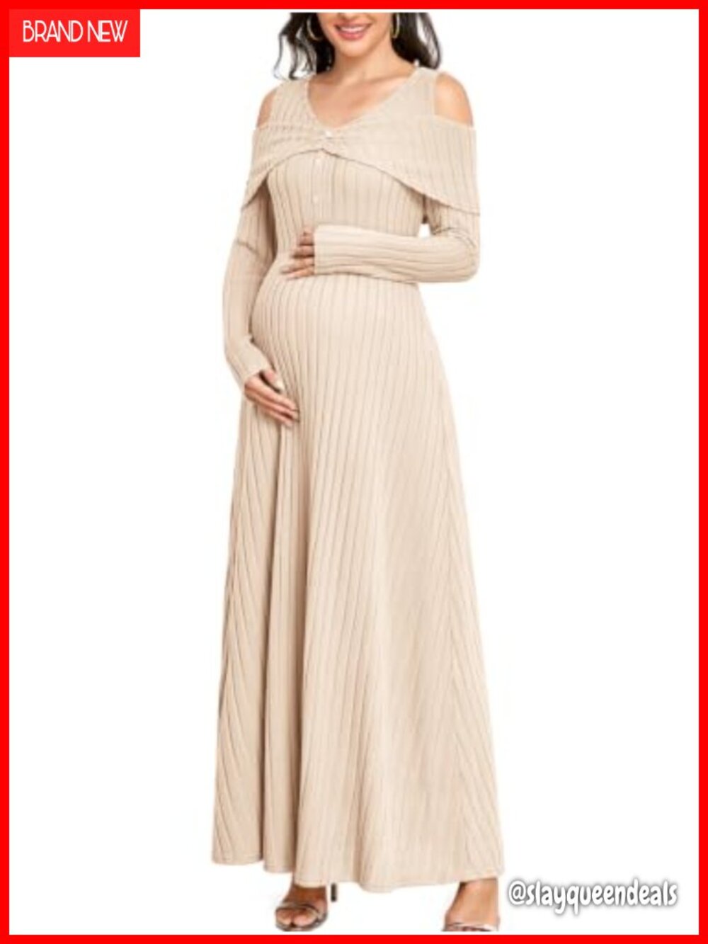 Maternity Maxi Dress Long Sleeve Cold Shoulder Ribbed Knit A-Line Pregnancy Gown
